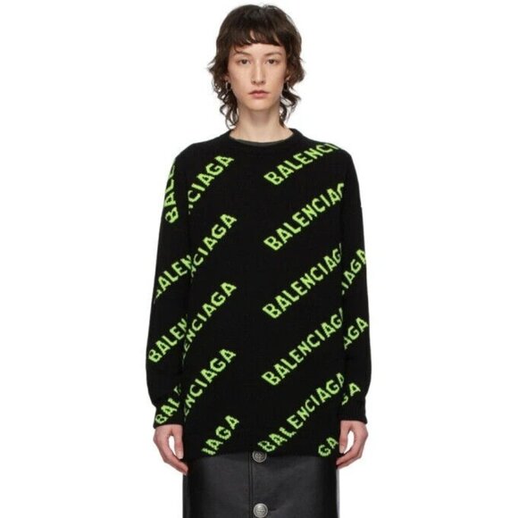 Balenciaga Black and Green All Over Logo Wool Crew Neck Sweater, Size XS - Picture 1 of 9